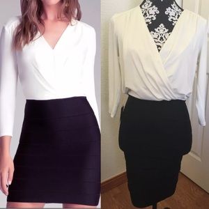 Bebe Black white surplice twofer dress
